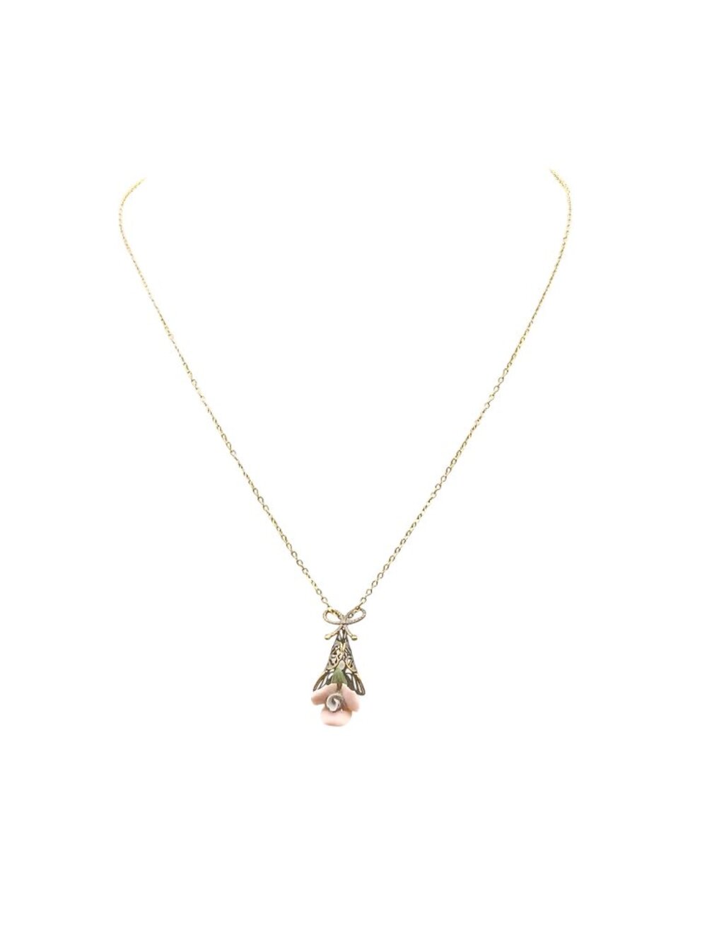 Vintage Gold-Tone Chain Necklace with Porcelain Rose Pendant & Filigree Bow Desi